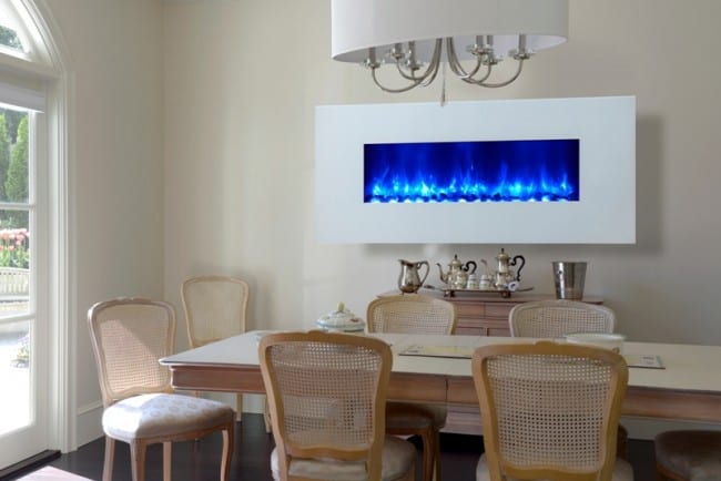 Dynasty EF69-WGR white glass fireplace with blue flame has a cooling effect for summer!