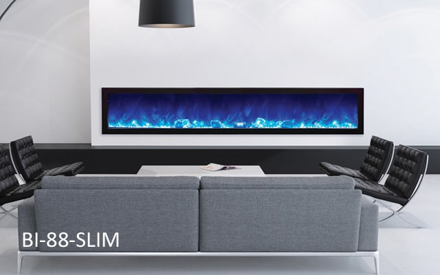 Amantii electric fireplace with blue flame and ice crystals.