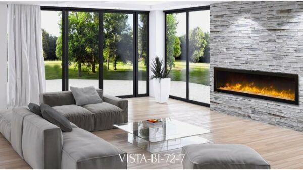 AMANTII BI-72-SLIM BUILT-IN ELECTRIC FIREPLACE IN WHITE STONE WALL IN LIVING ROOM
