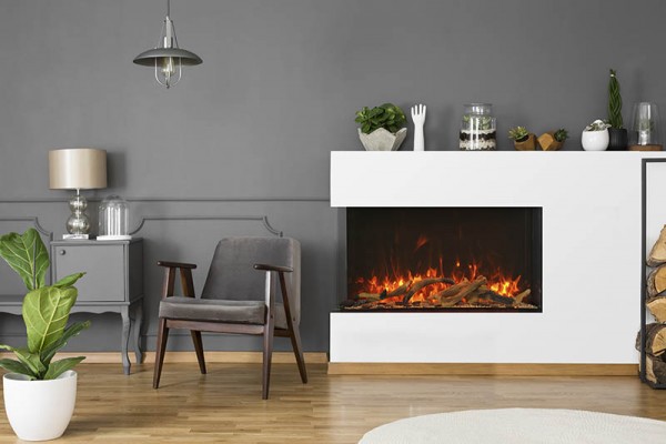 AMANTII 40-TRV-XT 2-SIDED ELECTRIC FIREPLACE ON CORNER OF WHITE WALL