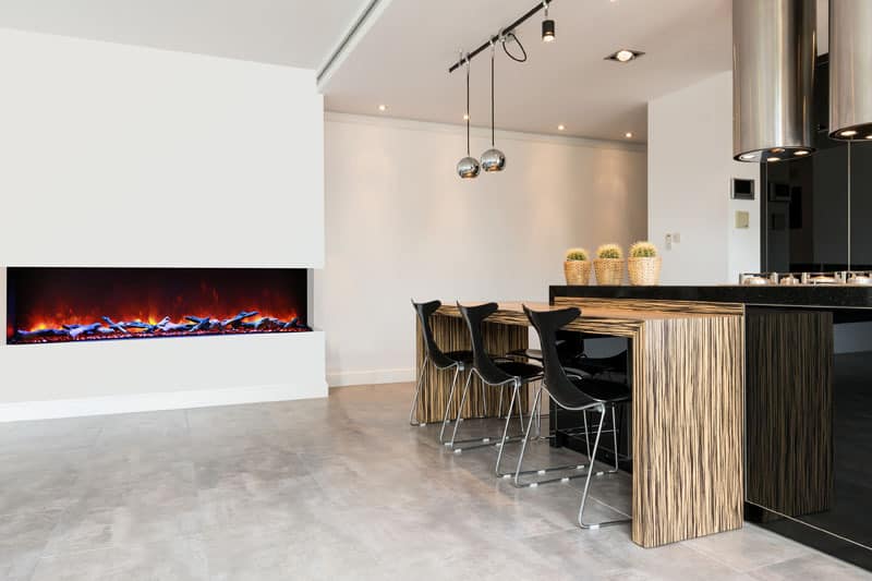 AMANTII 72-TRU-VIEW-XL L-SHAPED ELECTRIC FIREPLACE IN KITCHEN