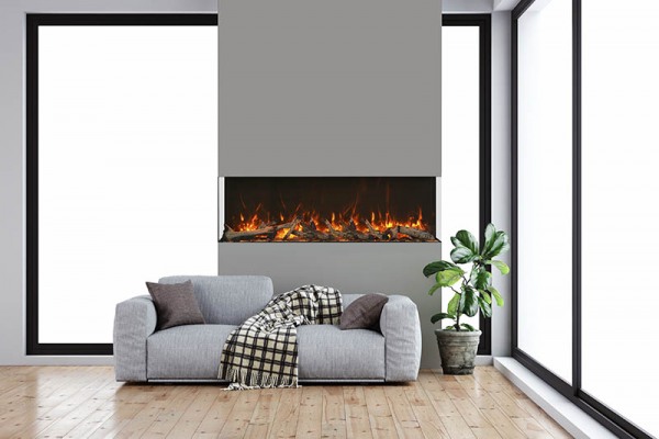 AMANTII 72-TRV-XT-XL 3-SIDED ELECTRIC FIREPLACE IN FRONT OF WINDOW WALL