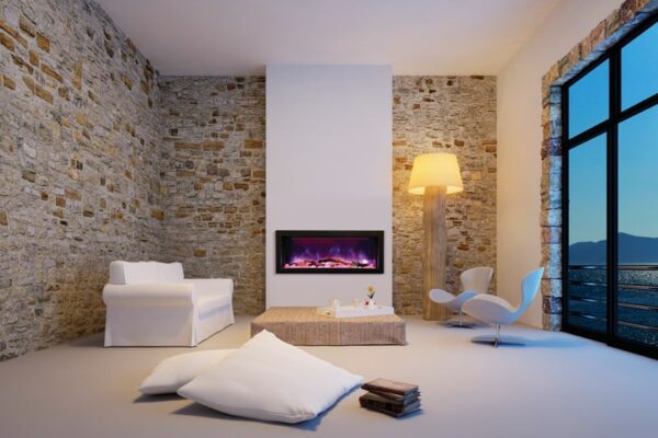 AMANTII BI-40-DEEP ELECTRIC FIREPLACE IN CONDO WITH MOUNTAIN VIEW AND STONE WALLS