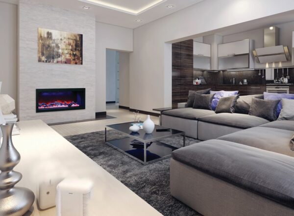 AMANTII BI-50-DEEP BUILT-IN ELECTRIC FIREPLACE IN CLASS LIVING ROOM WITH TRAVERTINE WALL