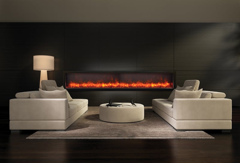 AMANTII BI-88-DEEP BUILT-IN ELECTRIC FIREPLACE IN GRAY WALL WITH WHITE SOFAS