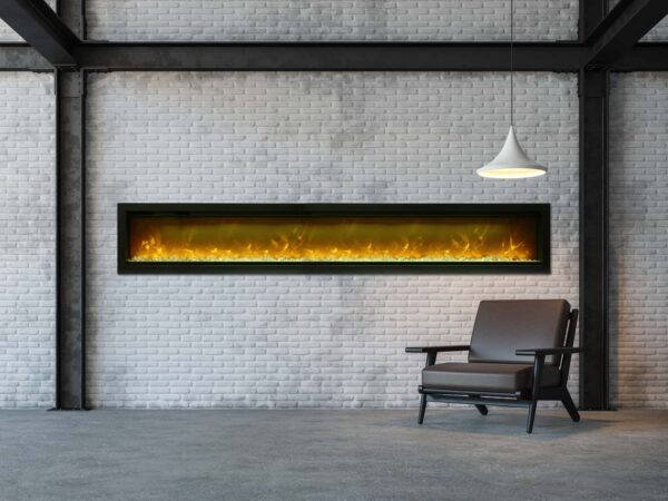 AMANTII SYM-100 WITH YELLOW FLAMES IN WHITE BRICK WALL WITH CHAIR