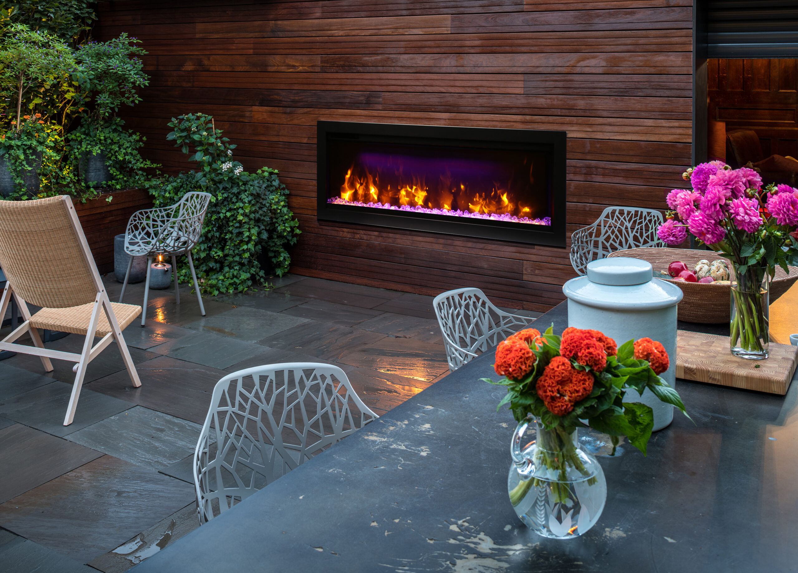 AMANTII SYM-42 INDOOR OUTDOOR ELECTRIC FIREPLACE IN PATIO WALL