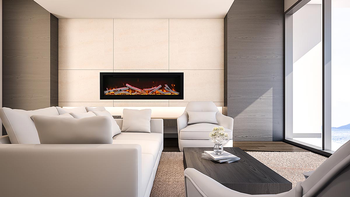 AMANTII SYM-60 LINEAR ELECTRIC FIREPLACE WITH BIRCH LOGS IN CONDO LIVING ROOM