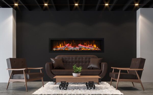 AMANTII SYM-60 ELECTRIC FIREPLACE WITH BIRCH LOGS, IN LIVING ROOM