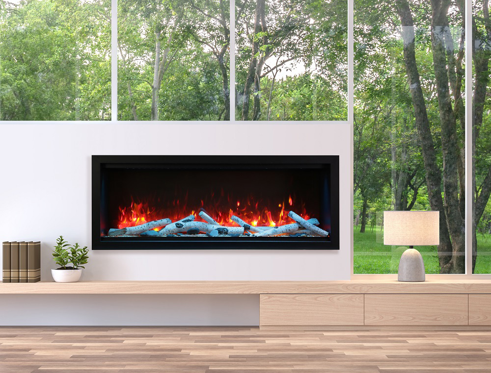AMANTII SYM-60-XT EXTRA-TALL ELECTRIC FIREPLACE WITH BIRCH LOGS INSTALLED IN FRONT OF WINDOWS