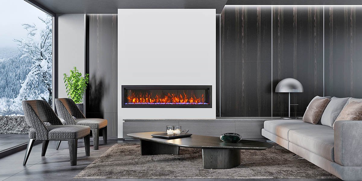 AMANTII SYM-74-BESPOKE LINEAR ELECTRIC FIREPLACE IN CONDO LIVING ROOM
