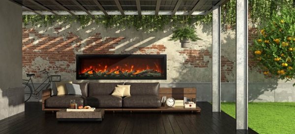 AMANTII SYM-88-XT EXTRA-TALL INDOOR OUTDOOR ELECTRIC FIREPLACE IN PATIO WALL