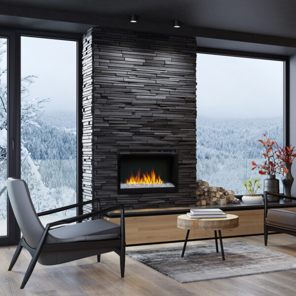 DIMPLEX XHD33G ELECTRIC FIREPLACE INSERT IN BLACK STONE WALL IN CHALET