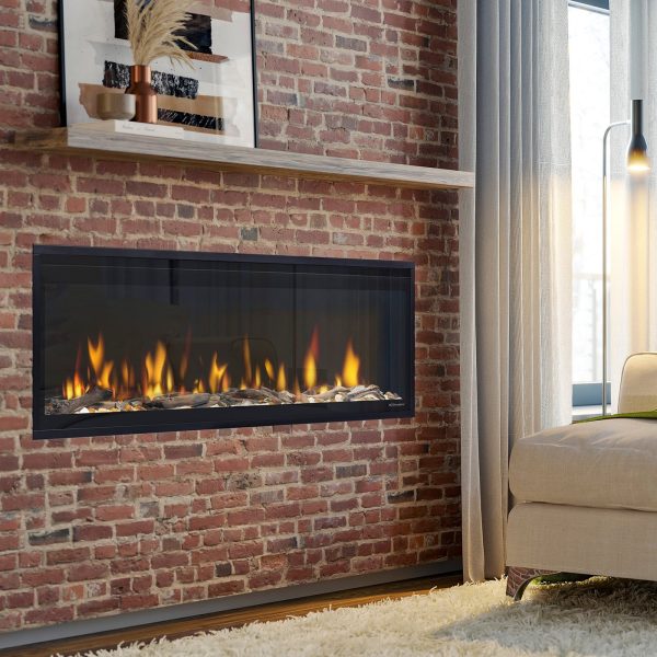 Dimplex Ignite evolve electric fireplace displayed in brick wall.