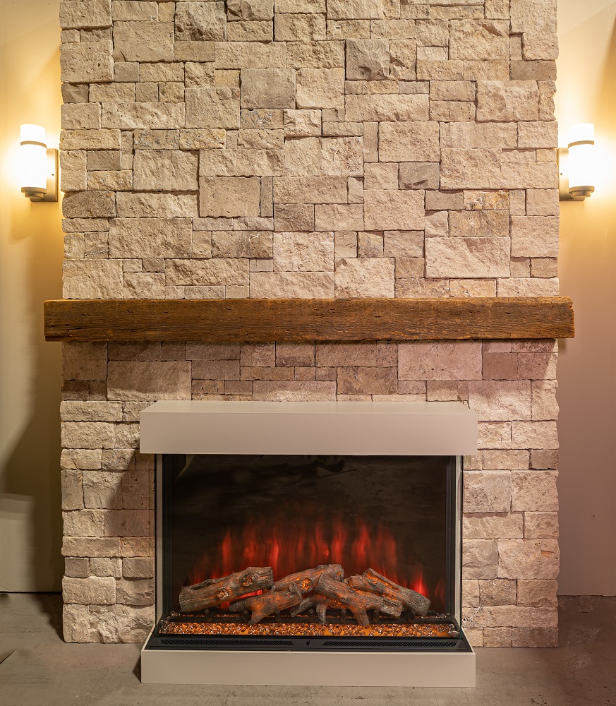 Reclaimed wood floating fireplace mantel