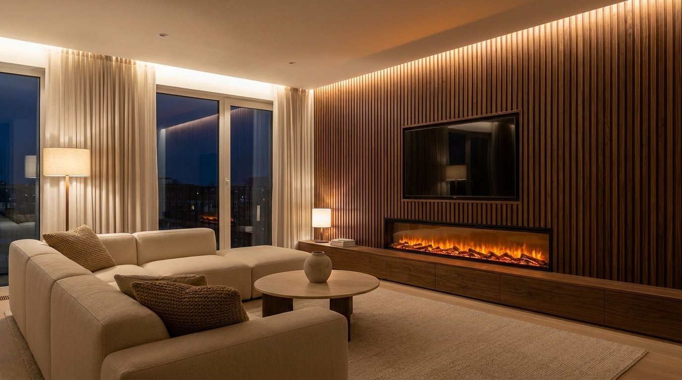 Electric fireplace and mounted TV on a fluted wood-slat accent wall in a contemporary living room