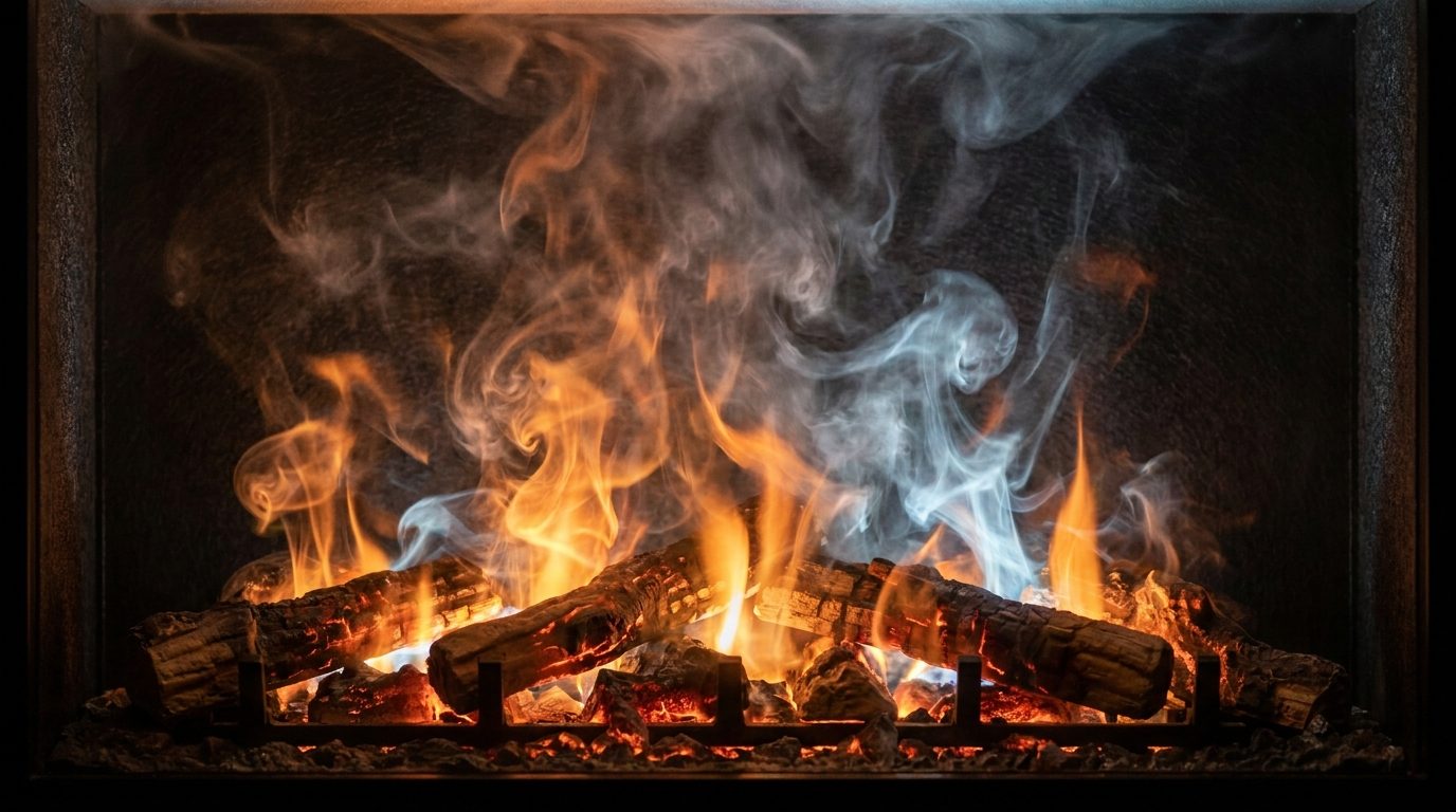 Close-up of a water vapour fireplace showing illuminated mist forming realistic 3D flames and smoke behind glass