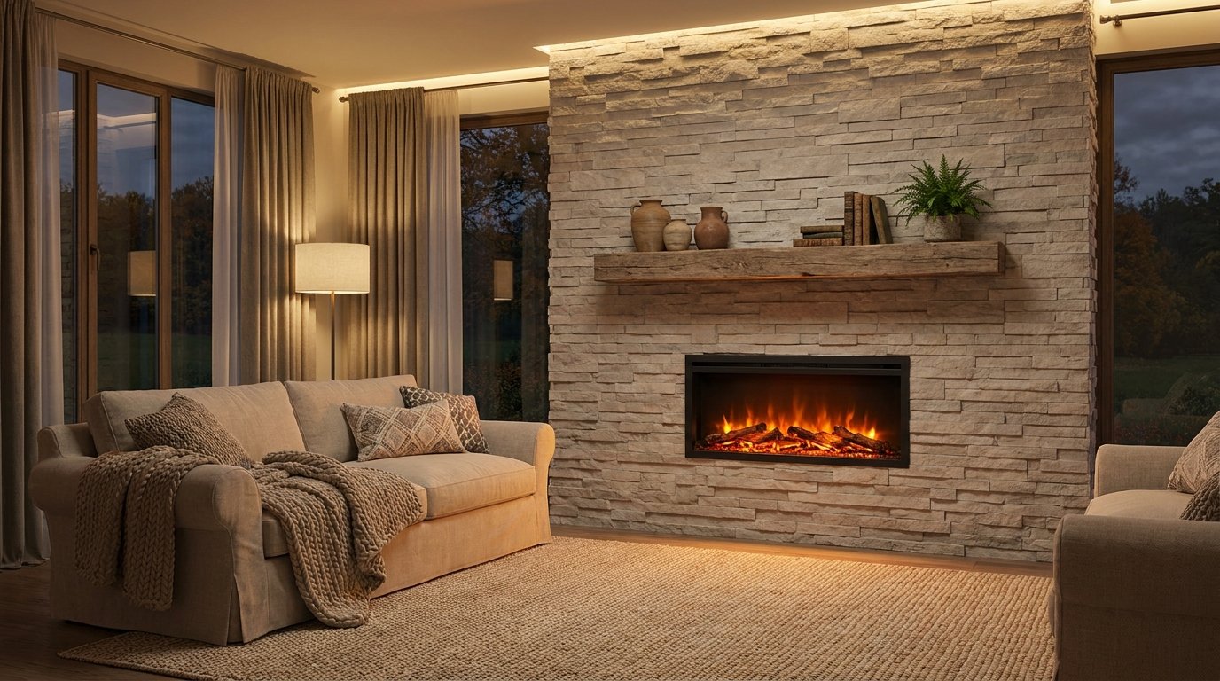 Traditional electric fireplace set in a floor-to-ceiling stacked stone veneer accent wall