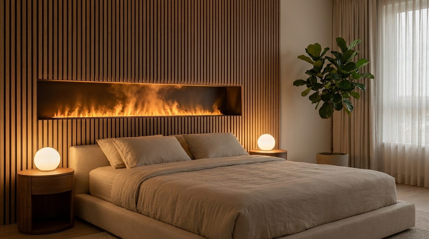 Wall-mounted water vapour electric fireplace glowing in a modern condo bedroom below a wood-slat wall